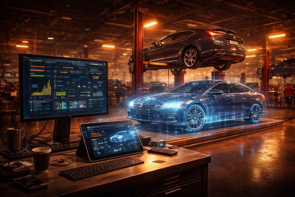 Автосервис и цифровой контур: рабочее место с аналитикой на экранах, планшет с моделью автомобиля и бокс с подъёмником — концептуальный визуал «Мой Сервис».